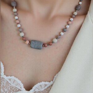 Calming the Earth with this  Natural grey stone beaded necklace. Medium length.